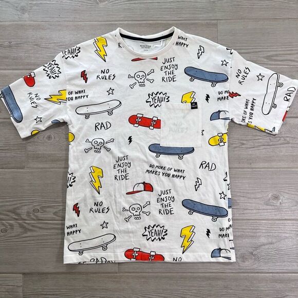 Reserved Eco Aware Short Sleeve Skate Printed White t-shirt Size S/M 100% Cotton - Picture 1 of 9
